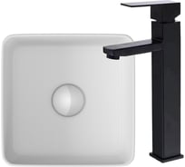 Раковина накладная со смесителем Bauedge BAU Mini (квадратная 24x24 белая + смеситель для раковины высокий Hotel Black, черный) BH1064
