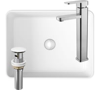 Раковина накладная со смесителем и выпуском Bauedge (Умывальник BAU Hotel прямоугольный 48x37, белый + смеситель для раковины высокий Potato Hotel, выпуск клик клак, белый) BH1016