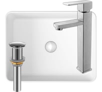 Раковина накладная со смесителем и выпуском Bauedge (Умывальник BAU Hotel прямоугольный 48x37, белый + смеситель для раковины высокий Hotel Still, выпуск клик клак, хром) BH1042