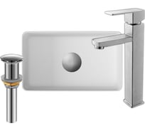 Раковина прямоугольная накладная со смесителем и выпуском Bauedge BAU Hotel mini (37x23, белая + смеситель Hotel Still, нер. сталь, выпуск клик-клак хром) BH1085