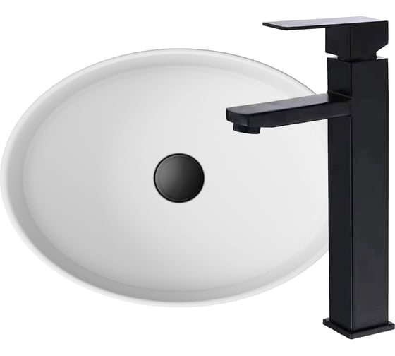Раковина накладная со смесителем Bauedge BAU Nimb (овальная 50x36, белая + смеситель для раковины высокий Hotel Black, черный) BH1052 1