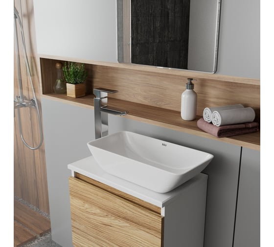 Раковина накладная со смесителем Bauedge BAU Spectrum mini (47x24, белая + смеситель Hotel Still, нержавеющая сталь) BH1089