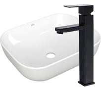Раковина накладная прямоугольная со смесителем Bauedge BAU Stil Pro (50x40, белая + смеситель высокий Hotel Black, черный) BD2425