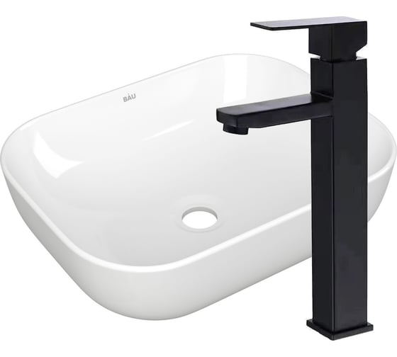 Раковина накладная прямоугольная со смесителем Bauedge BAU Stil Pro (50x40, белая + смеситель высокий Hotel Black, черный) BD2425 1