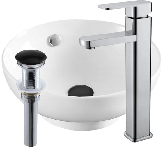 Раковина накладная на столешницу со смесителем и выпуском Bauedge BAU Dream (D41, белая + смеситель Hotel Still, нер. сталь, выпуск клик-клак черный) BH1114 1