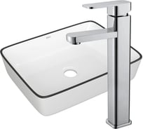 Раковина накладная прямоугольная со смесителем Bauedge BAU Stil Hotel (48x37, белая, черный кант + смеситель Hotel Still, нержавеющая сталь) BH1119