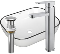 Раковина прямоугольная накладная со смесителем и выпуском Bauedge BAU Stil (50x40, белая + смеситель Hotel Still, нер. сталь, выпуск клик-клак хром) BH1135