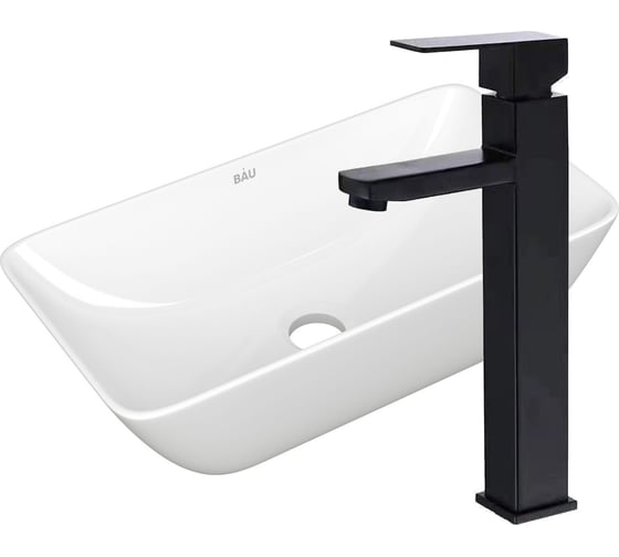 Раковина накладная со смесителем Bauedge BAU Spectrum mini (47x24, белая + смеситель высокий Hotel Black, черный) BH1090 1