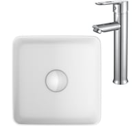 Раковина накладная со смесителем Bauedge BAU Mini (квадратная 24x24 белая + смеситель для раковины высокий Diadonna Dream, латунь, хром) BH1023