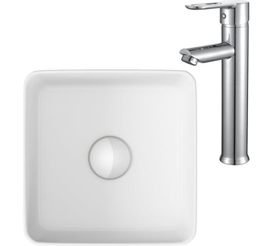 Раковина накладная со смесителем Bauedge BAU Mini (квадратная 24x24 белая + смеситель для раковины высокий Diadonna Dream, латунь, хром) BH1023 1