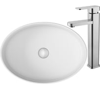 Раковина накладная со смесителем Bauedge BAU Nimb (овальная 50x36, белая + смеситель для раковины высокий Hotel Still, нержавеющая сталь) BH1053