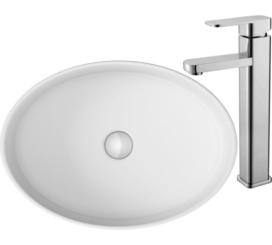 Раковина накладная со смесителем Bauedge BAU Nimb (овальная 50x36, белая + смеситель для раковины высокий Hotel Still, нержавеющая сталь) BH1053 1