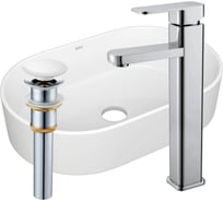 Раковина овальная накладная со смесителем и выпуском Bauedge BAU Nimb (56x36, белая + смеситель Hotel Still, нер. сталь, выпуск клик-клак белый) BH1166