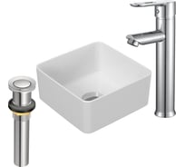 Раковина со смесителем и выпуском Bauedge (Умывальник накладной на столешницу BAU Mini квадратный 24x24 белый, смеситель для раковины высокий Diadonna Dream, латунь, выпуск клик клак, хром) BH1025