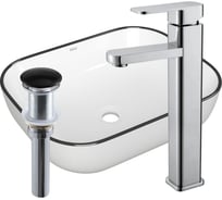 Раковина прямоугольная накладная со смесителем и выпуском Bauedge BAU Stil (50x40, белая + смеситель Hotel Still, нер. сталь, выпуск клик-клак черный) BH1134