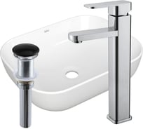 Раковина прямоугольная накладная со смесителем и выпуском Bauedge BAU Stil (Pro 50x40, белая + смеситель Hotel Still, нер. сталь, выпуск клик-клак черный) BD2420