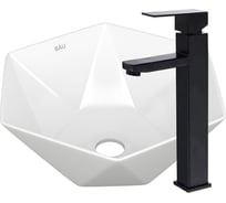 Раковина накладная на столешницу со смесителем Bauedge BAU Crystal (40x40, белая + смеситель высокий Hotel Black, черный) BH1190