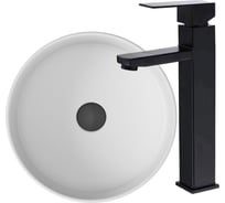 Раковина накладная со смесителем Bauedge BAU Dream (круглая D41, белая + смеситель для раковины высокий Hotel Black, черный) BH1058