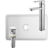 Раковина прямоугольная накладная со смесителем и выпуском Bauedge BAU Hotel mini (37x23, белая + смеситель Hotel Still, нер. сталь, выпуск клик-клак белый) BH1086