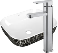 Раковина накладная прямоугольная со смесителем Bauedge BAU Stil (50x40, белая/черная с орнаментом + смеситель Hotel Still, нержавеющая сталь) BH1139