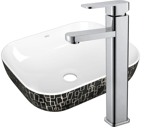 Раковина накладная прямоугольная со смесителем Bauedge BAU Stil (50x40, белая/черная с орнаментом + смеситель Hotel Still, нержавеющая сталь) BH1139