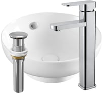 Раковина накладная на столешницу со смесителем и выпуском Bauedge BAU Dream (D41, белая + смеситель Hotel Still, нер. сталь, выпуск клик-клак хром) BH1115