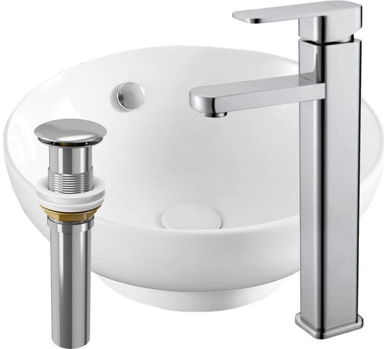 Раковина накладная на столешницу со смесителем и выпуском Bauedge BAU Dream (D41, белая + смеситель Hotel Still, нер. сталь, выпуск клик-клак хром) BH1115 1