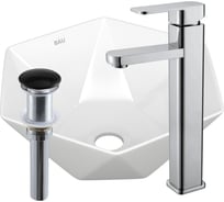 Раковина накладная на столешницу со смесителем и выпуском Bauedge BAU Crystal (40x40, белая + смеситель Hotel Still, нер. сталь, выпуск клик-клак черный) BH1194