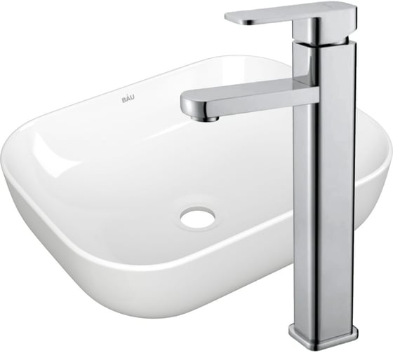 Раковина накладная прямоугольная со смесителем Bauedge BAU Stil (50x40, белая + смеситель Hotel Still, нержавеющая сталь) BH1099 1