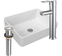 Раковина накладная со смесителем и выпуском Bauedge (Умывальник BAU Hotel прямоугольный 48x37, белый + смеситель для раковины высокий Diadonna Dream, латунь, выпуск клик клак, хром) BH1015