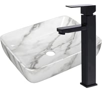 Раковина накладная прямоугольная со смесителем Bauedge BAU Stil Hotel (51x39, мрамор + смеситель высокий Hotel Black, черный) BH1170
