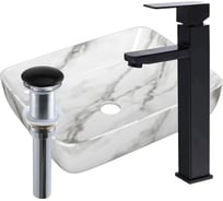 Раковина прямоугольная накладная со смесителем и выпуском Bauedge BAU Hotel (51x39, мрамор + смеситель Hotel Black, черный, выпуск клик-клак черный) BH1177