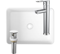 Раковина накладная со смесителем и выпуском Bauedge (Умывальник BAU Hotel прямоугольный 48x37, белый + смеситель для раковины высокий Diadonna Dream, латунь, выпуск клик клак, белый) BH1017