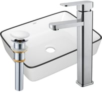 Раковина прямоугольная накладная со смесителем и выпуском Bauedge BAU Hotel (48x37, белая + смеситель Hotel Still, нер. сталь, выпуск клик-клак белый) BH1126