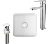 Раковина накладная со смесителем и выпуском Bauedge (Умывальник BAU Mini квадратный 24x24 белый + смеситель для раковины высокий Potato Hotel, выпуск клик клак, белый) BH1026