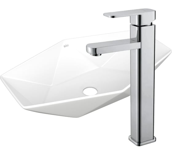 Раковина накладная на столешницу со смесителем Bauedge BAU Crystal (64x40, белая + смеситель Hotel Still, нержавеющая сталь) BH1209 1