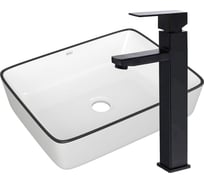 Раковина накладная прямоугольная со смесителем Bauedge BAU Stil Hotel (48x37, белая, черный кант + смеситель высокий Hotel Black, черный) BH1120