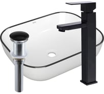 Раковина прямоугольная накладная со смесителем и выпуском Bauedge BAU Stil (50x40, белая + смеситель Hotel Black, черный, выпуск клик-клак черный) BH1137