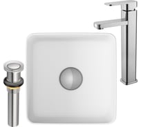 Раковина накладная со смесителем и выпуском Bauedge (Умывальник BAU Mini квадратный 24x24 белый + смеситель для раковины высокий Potato Hotel, выпуск клик клак, хром) BH1024