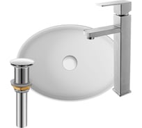 Раковина со смесителем и выпуском Bauedge (Умывальник на столешницу BAU Nimb овальный 50x36, белый, смеситель для раковины высокий Hotel Still, выпуск клик клак, белый) BH1056