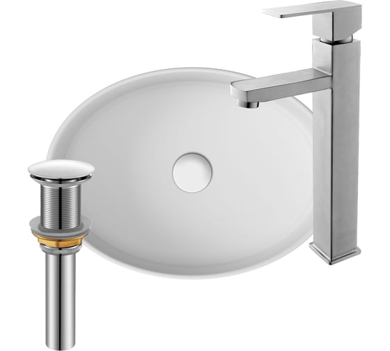 Раковина со смесителем и выпуском Bauedge (Умывальник на столешницу BAU Nimb овальный 50x36, белый, смеситель для раковины высокий Hotel Still, выпуск клик клак, белый) BH1056 1