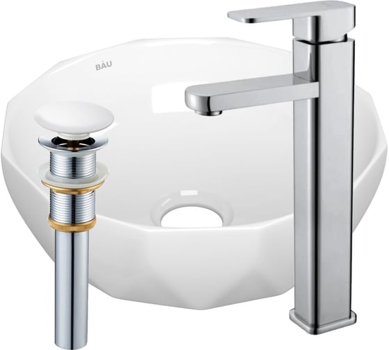 Раковина накладная на столешницу со смесителем и выпуском Bauedge BAU Diamond (D40, белая + смеситель Hotel Still, нер. сталь, выпуск клик-клак белый) BH1206 1