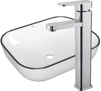 Раковина накладная прямоугольная со смесителем Bauedge BAU Stil (50x40, белая, черный кант + смеситель Hotel Still, нержавеющая сталь) BH1129