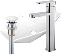 Раковина накладная на столешницу со смесителем и выпуском Bauedge BAU Crystal (64x40, белая + смеситель Hotel Still, нер. сталь, выпуск клик-клак белый) BH1216