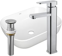 Раковина прямоугольная накладная со смесителем и выпуском Bauedge BAU Stil (Pro 50x40, белая + смеситель Hotel Still, нер. сталь, выпуск клик-клак хром) BD2422