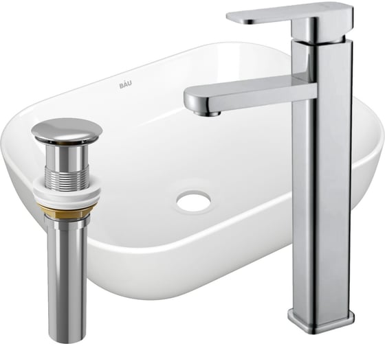 Раковина прямоугольная накладная со смесителем и выпуском Bauedge BAU Stil (Pro 50x40, белая + смеситель Hotel Still, нер. сталь, выпуск клик-клак хром) BD2422 1