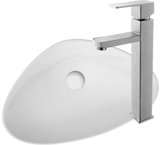 Раковина накладная со смесителем Bauedge BAU Triangle (59x39, белая + смеситель для раковины высокий Hotel Still, нержавеющая сталь) BH1047 1