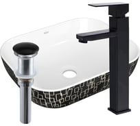 Раковина прямоугольная накладная Bauedge BAU Stil 50x40 + смеситель Hotel Black, черный и выпуск клик-клак черный BH1147