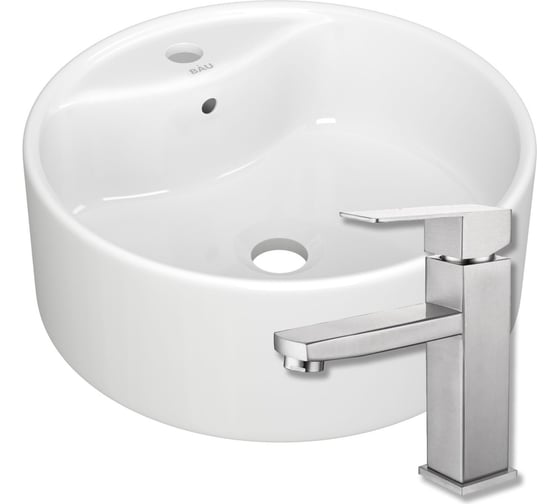 Раковина круглая накладная со смесителем Bauedge BAU Element D40, белая + смеситель Hotel Still, нержавеющая сталь BH1219 1