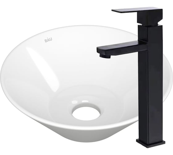 Раковина накладная со смесителем Bauedge BAU Dream (D43, белая + смеситель высокий Hotel Black, черный) BH1150